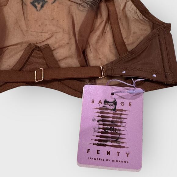 Savage X Fenty Tattooed Tricot High Neck Bra 32C Brown Lace Detail Sexy Lingerie - Picture 5 of 9
